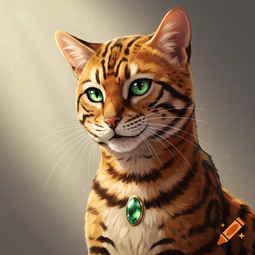 A serious-looking Bengal cat with green eyes and a green gemstone on its chest, in a digital art style.
