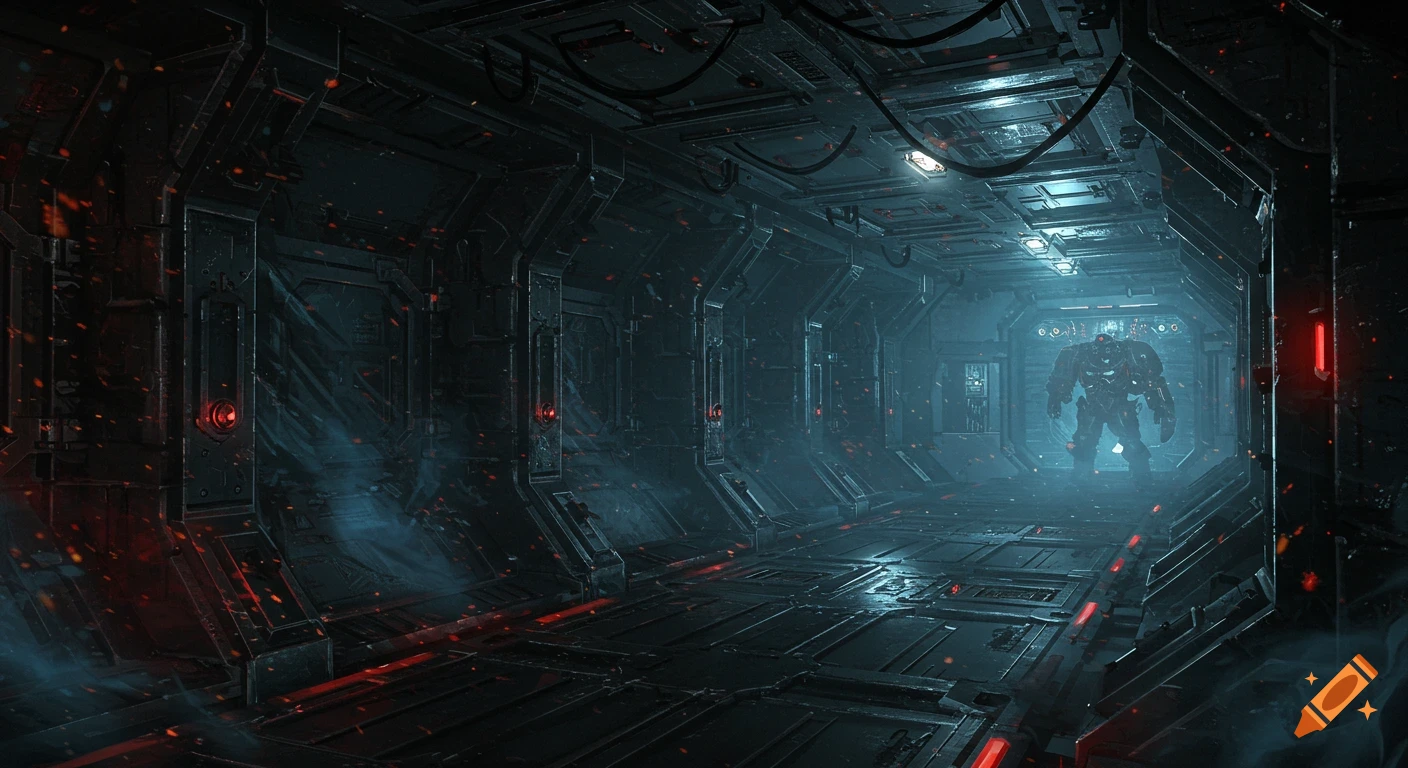 A dark, atmospheric sci-fi corridor with red glowing elements and blue smoke, leading to a massive armored space marine figure.