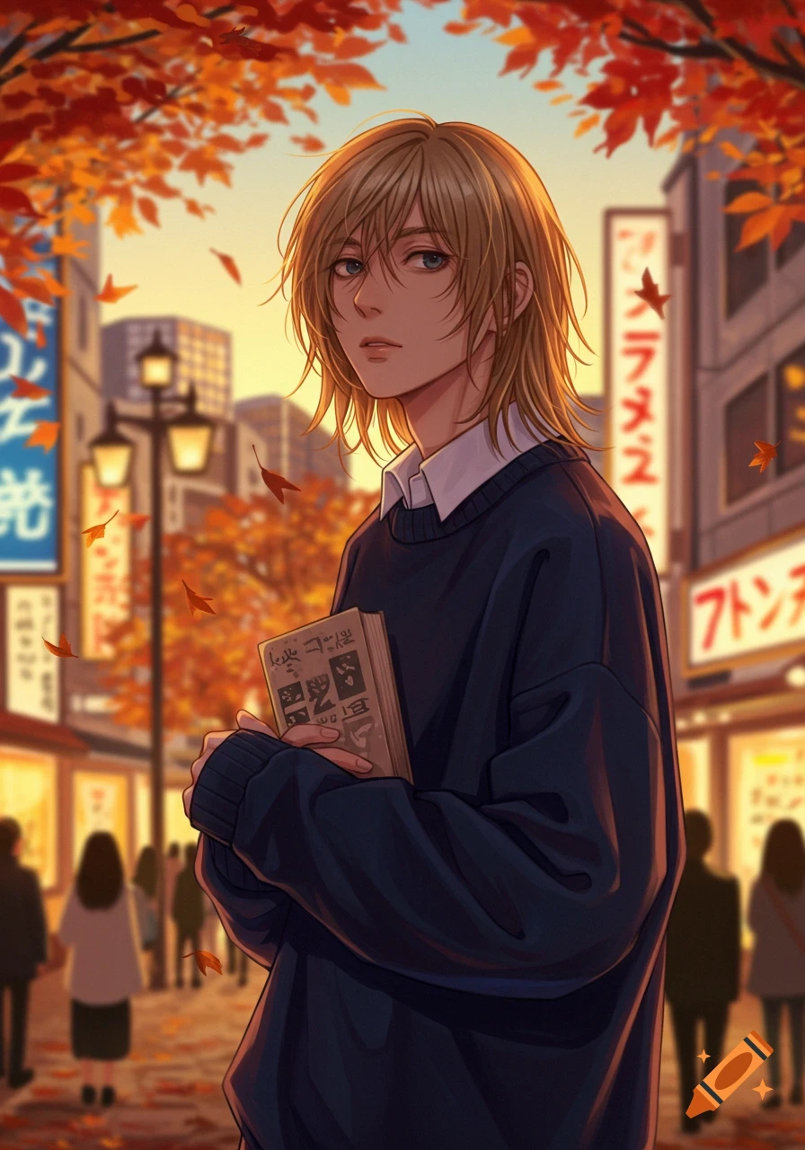 An anime-style university student with blonde hair holds a book on an autumn city street at sunset, with falling orange leaves.