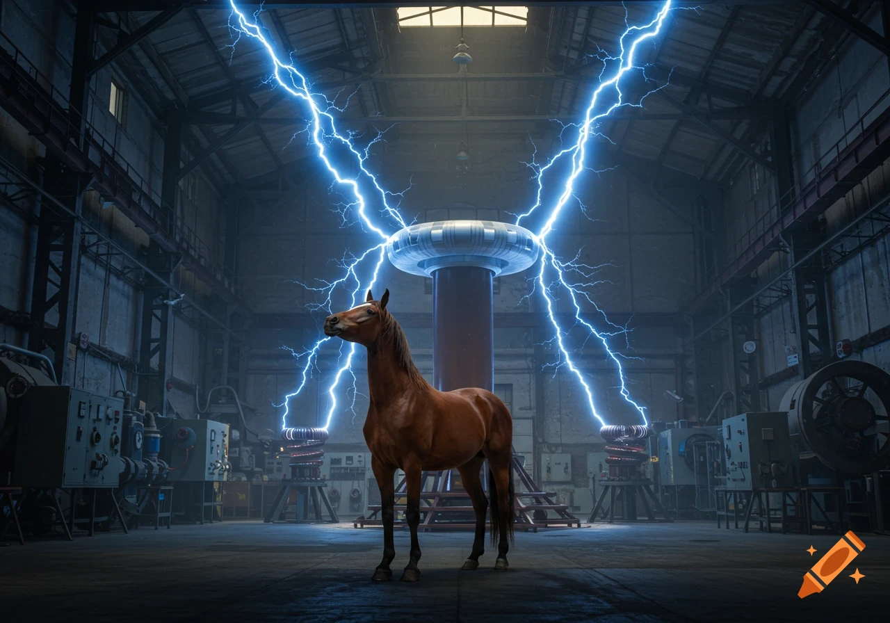 A brown horse stands under a large, active Tesla coil generating bright blue electrical arcs in a vast industrial laboratory.