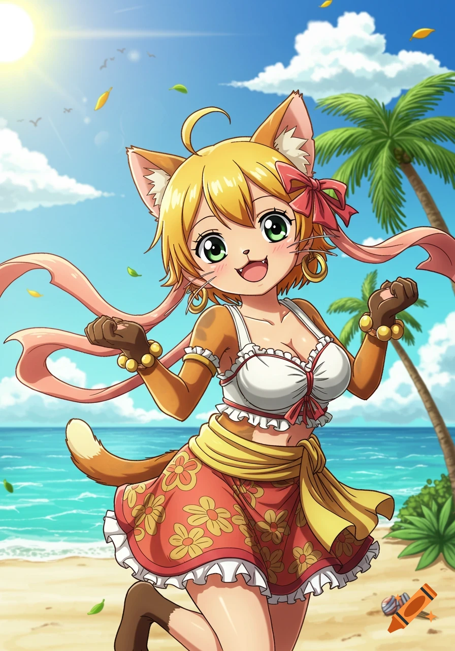A smiling anime cat girl posing happily on a sunny tropical beach.