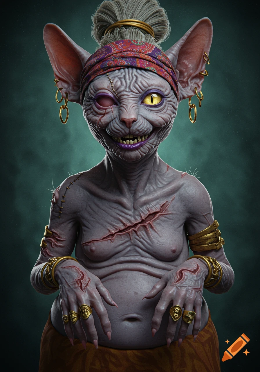 A grotesque, scarred anthropomorphic Sphynx cat with one glowing yellow eye, purple lipstick, and gold jewelry.