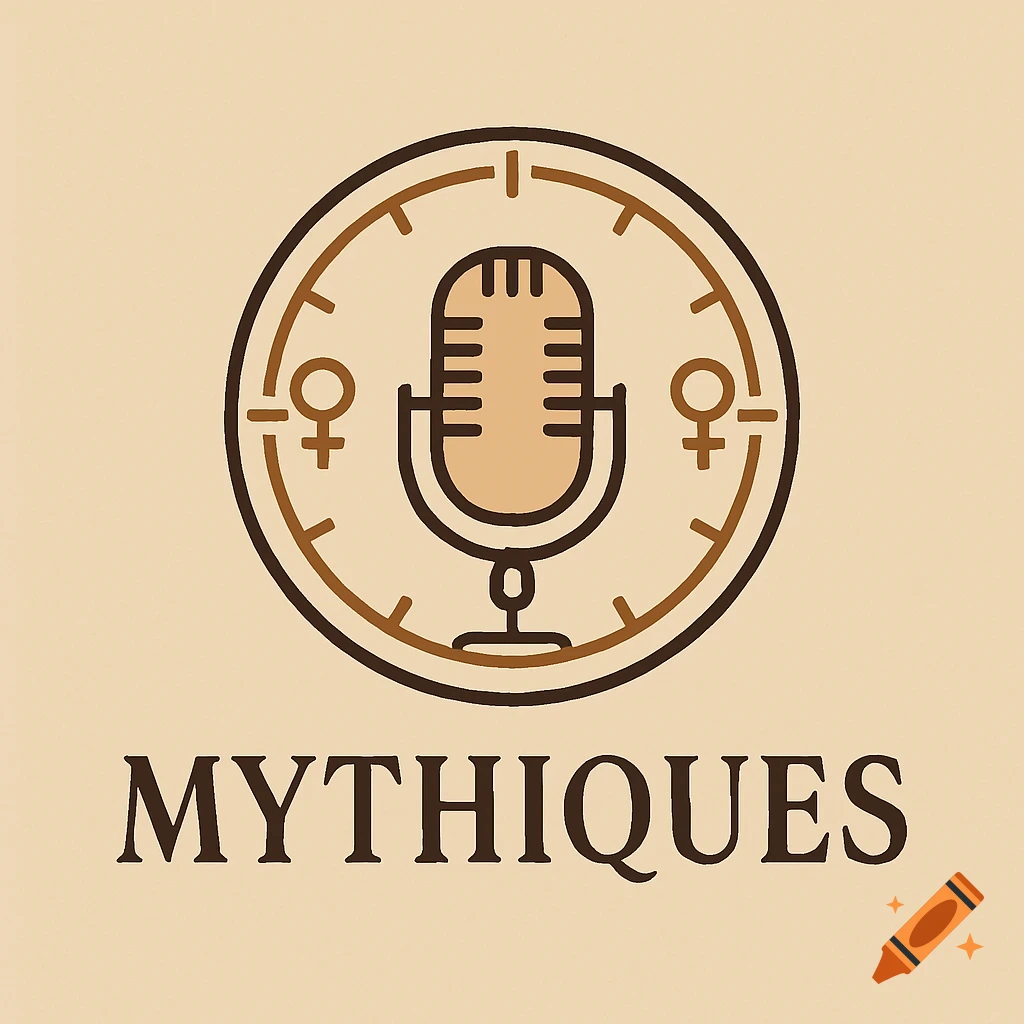 A minimalist logo for 'Mythiques' podcast, featuring a microphone, clock, and feminine symbols in beige and brown.