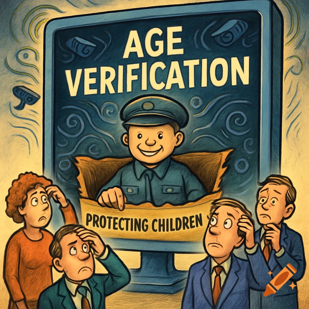 A political cartoon showing a policeman on a monitor labeled 'AGE VERIFICATION' holding a banner 'PROTECTING CHILDREN' above confused adults.