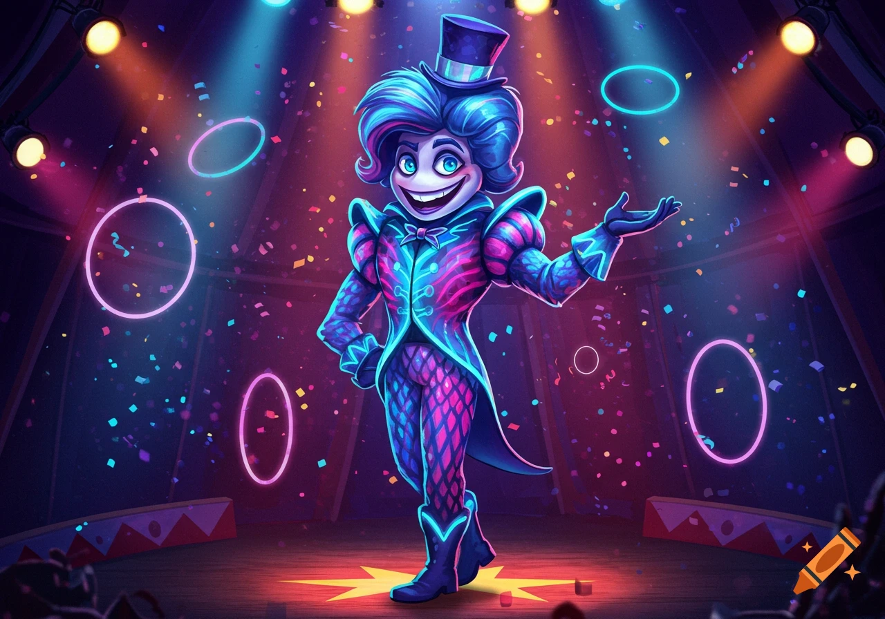 A neon-colored cartoon ringmaster character in a top hat and suit stands on a circus stage amidst confetti and glowing rings.