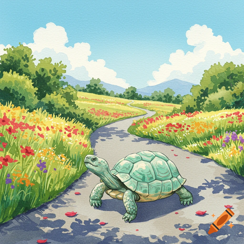 Watercolor painting of a turtle walking on a winding paved road through a field of colorful flowers under a blue sky.
