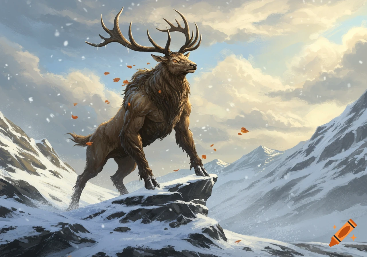 A powerful bipedal elk monster stands on a snowy mountain peak with falling orange leaves, digital fantasy art.