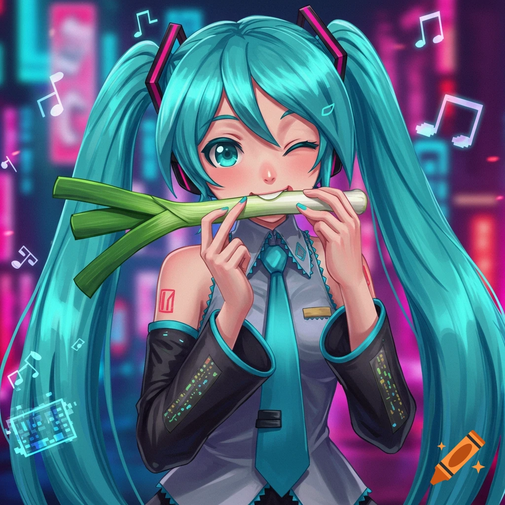 Hatsune Miku, a teal-haired anime girl, winks while playfully biting into a leek, with musical notes floating around her in a neon city.