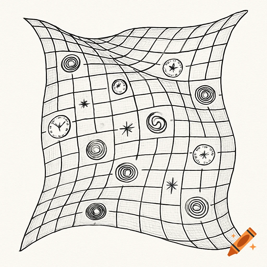 Black-and-white hand-inked illustration of a curving grid with abstract symbols like clocks, spirals, and stars.