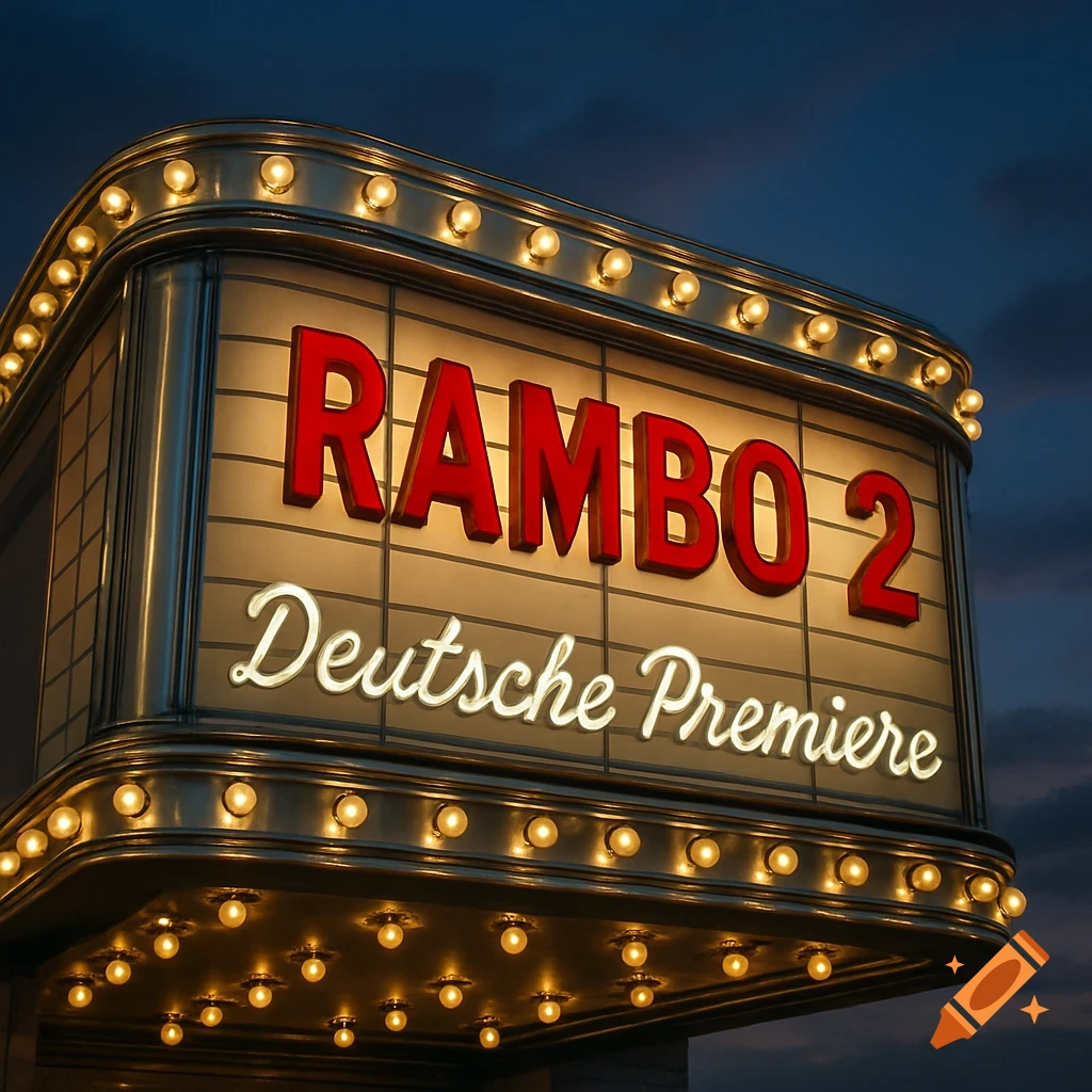 Photorealistic image of a vintage movie marquee lit up at night, advertising 'RAMBO 2 Deutsche Premiere'.