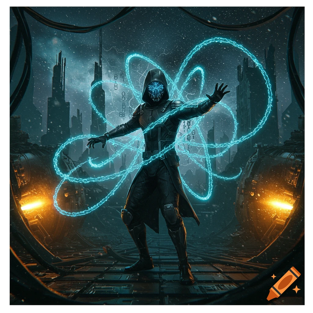 A mysterious hooded figure with a glowing blue mask stands in a futuristic city, manipulating electric blue energy trails.