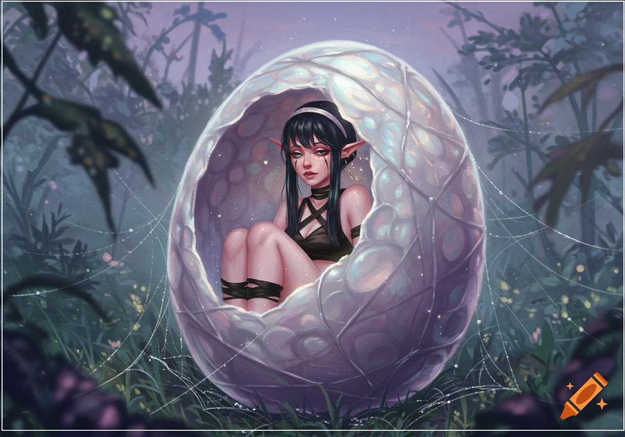A fantasy elf-like woman with black hair sits curled inside a glowing, crystalline egg in a dark, overgrown forest.