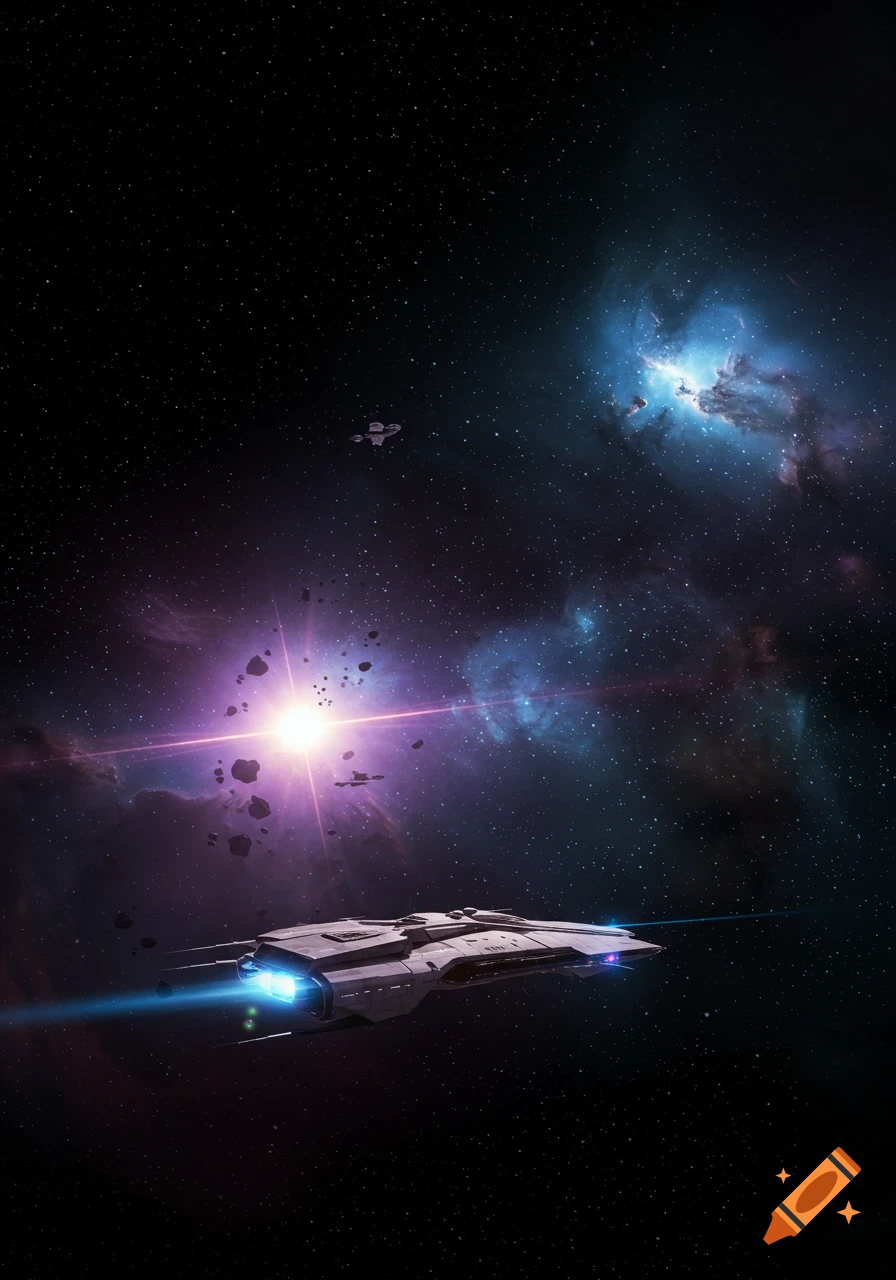 A futuristic spaceship flies through a star-filled nebula, with asteroids and a bright star in the background.