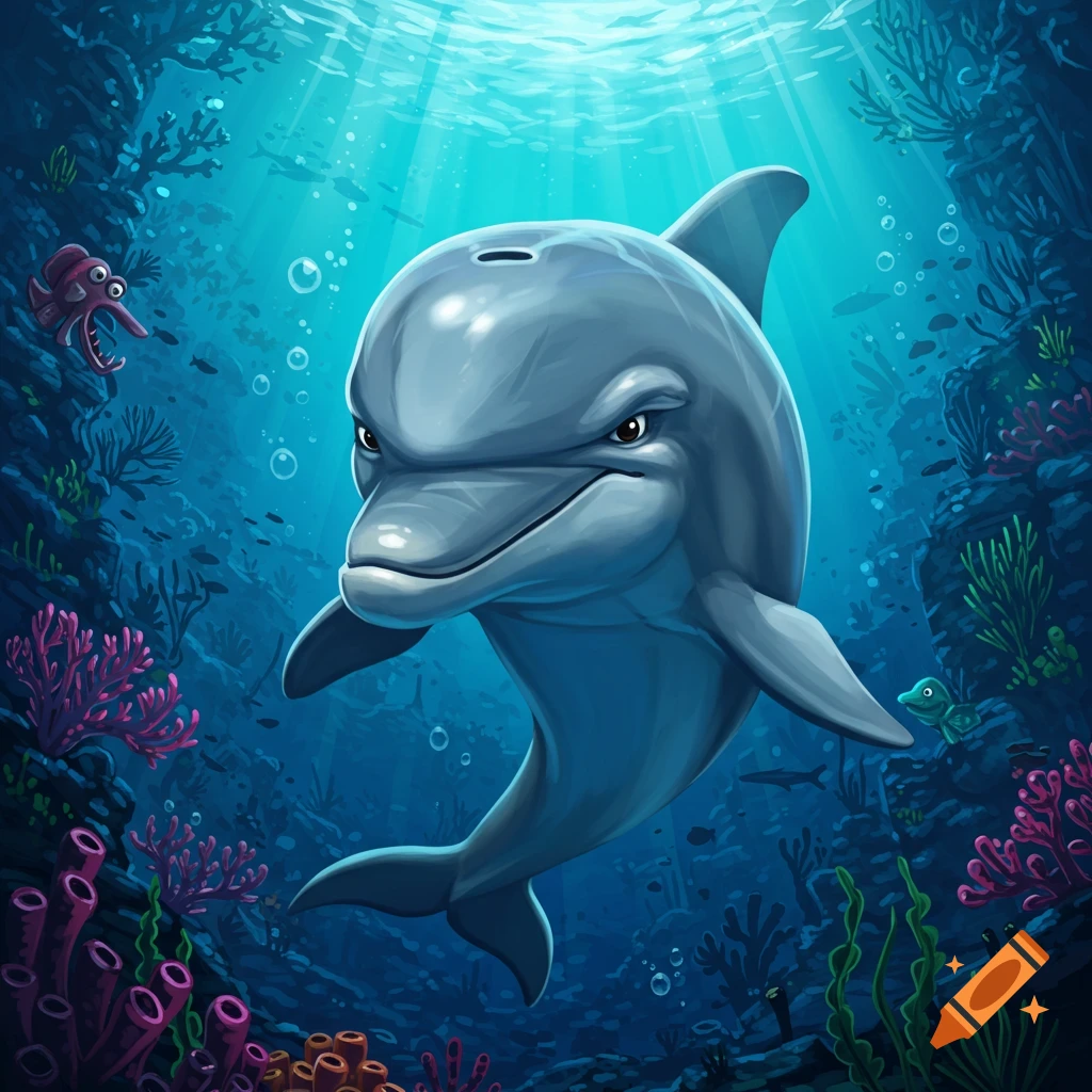 A cartoon dolphin with a menacing look swims underwater among colorful coral, an octopus, and small fish.