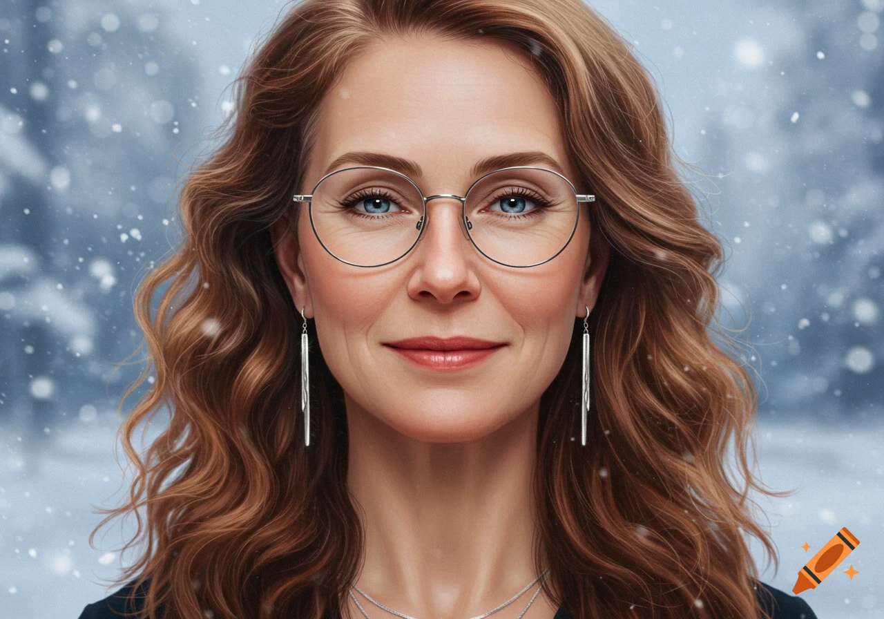 Photorealistic portrait of a woman with brown wavy hair, blue eyes, round glasses, and long earrings against a snowy winter background.