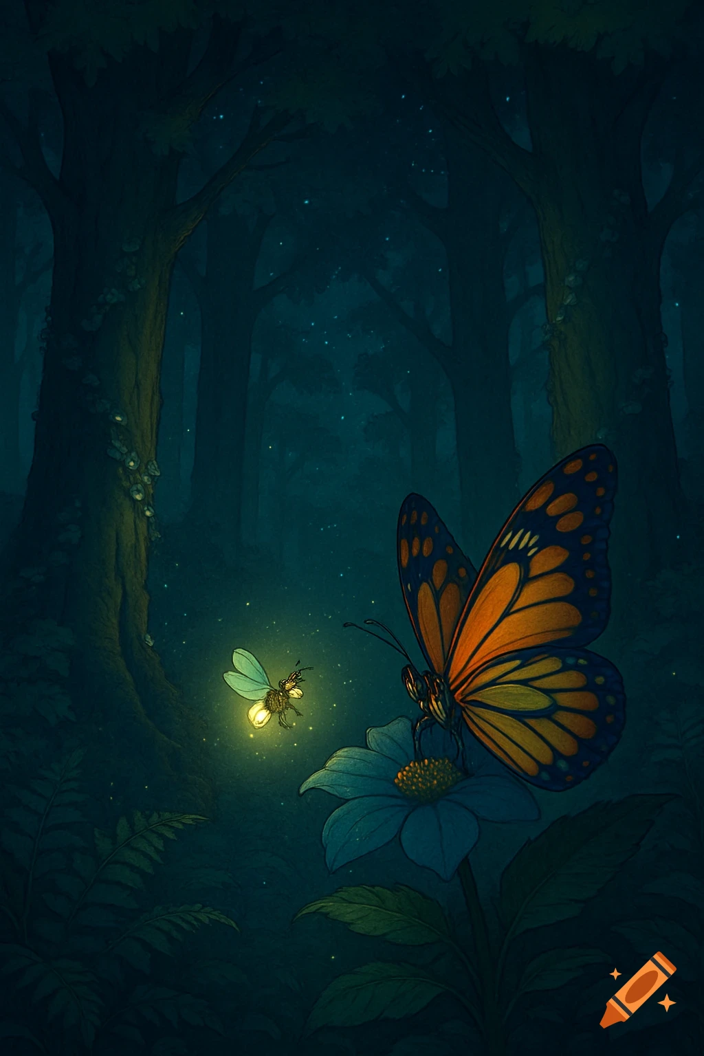 An illustrated orange butterfly on a blue flower, with a glowing firefly nearby, in a dark, magical forest at night.
