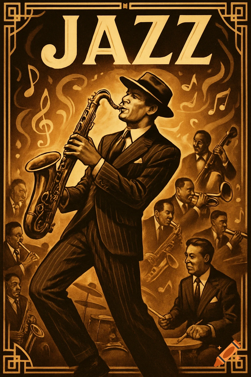 Art Deco style jazz poster with a saxophonist playing, surrounded by other musicians on trumpet, bass, and drums.
