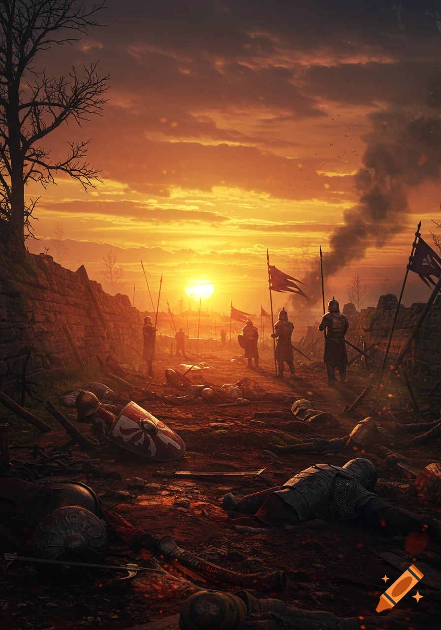 Epic medieval battlefield at sunset. Fallen warriors and weapons litter the ground as smoke rises under a dramatic orange sky.