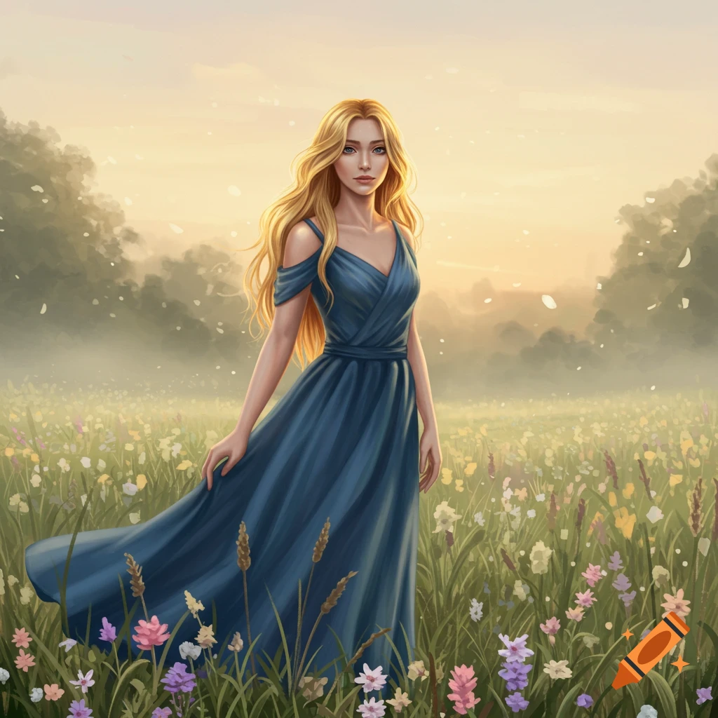 A digital painting of a blonde woman in a blue dress standing in a field of colorful wildflowers at sunset.