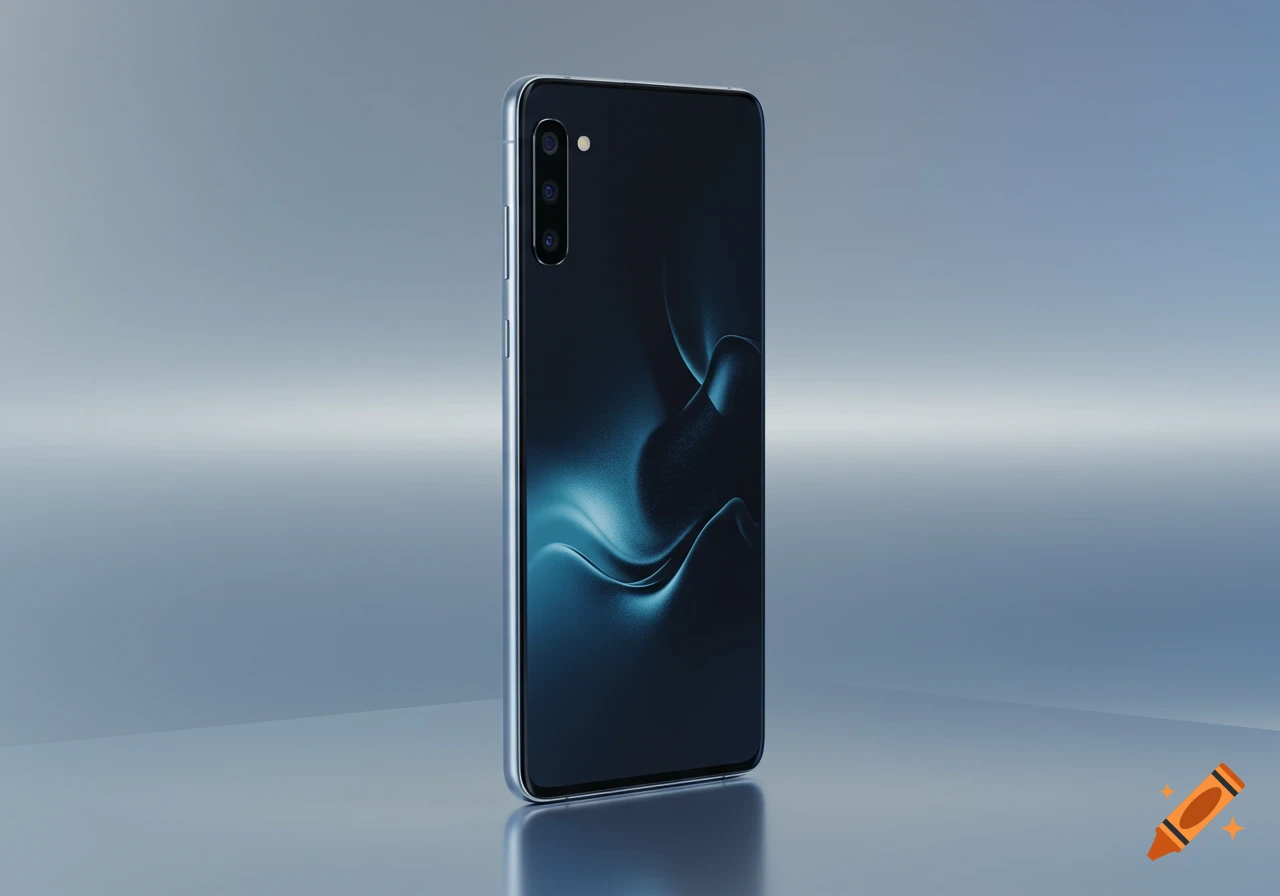 A sleek dark smartphone with a triple camera stands upright on a reflective surface against a gradient blue background.
