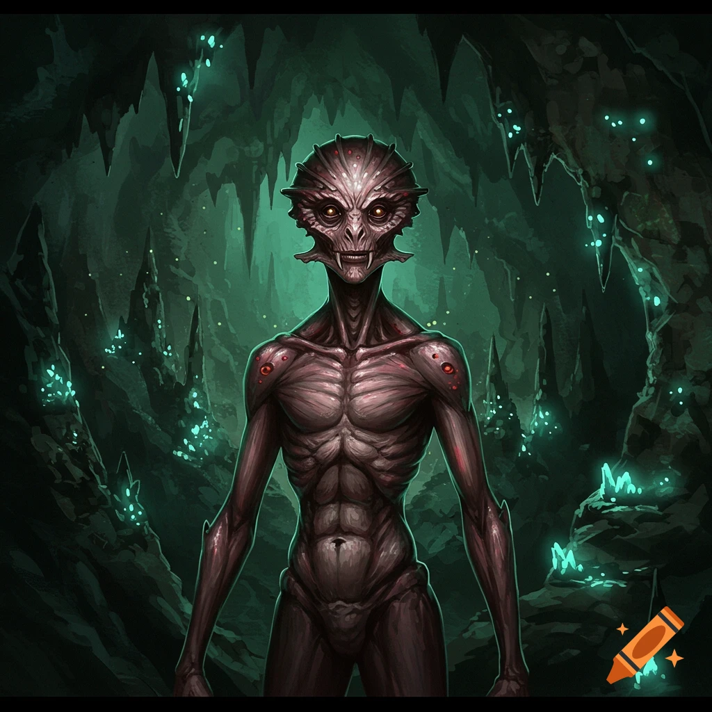 A skinny, reddish-brown alien-like monster with glowing yellow eyes and fangs stands in a dark cave with glowing green crystals. Digital painting.