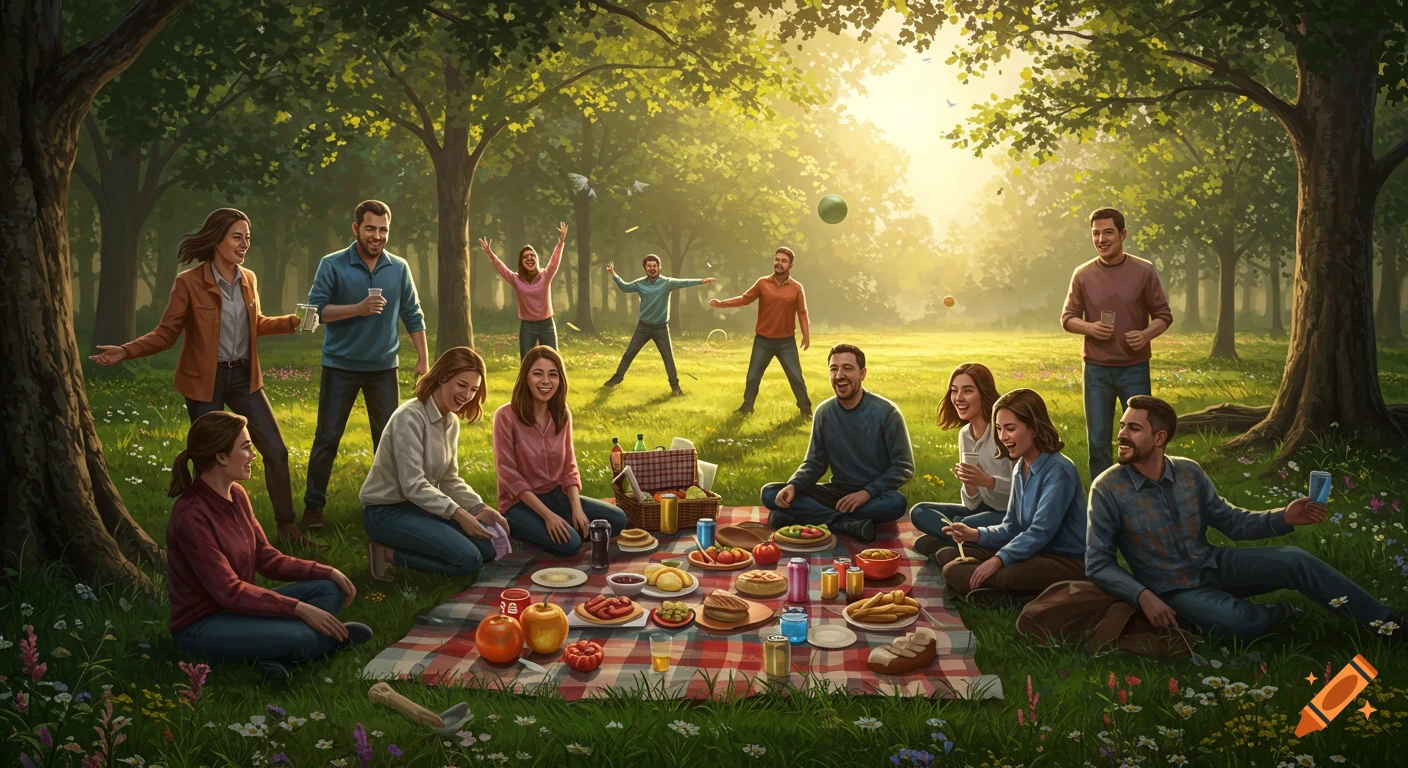 A large group of happy people enjoying a vibrant picnic in a sunny forest, with some playing games in the background. Photorealistic style.