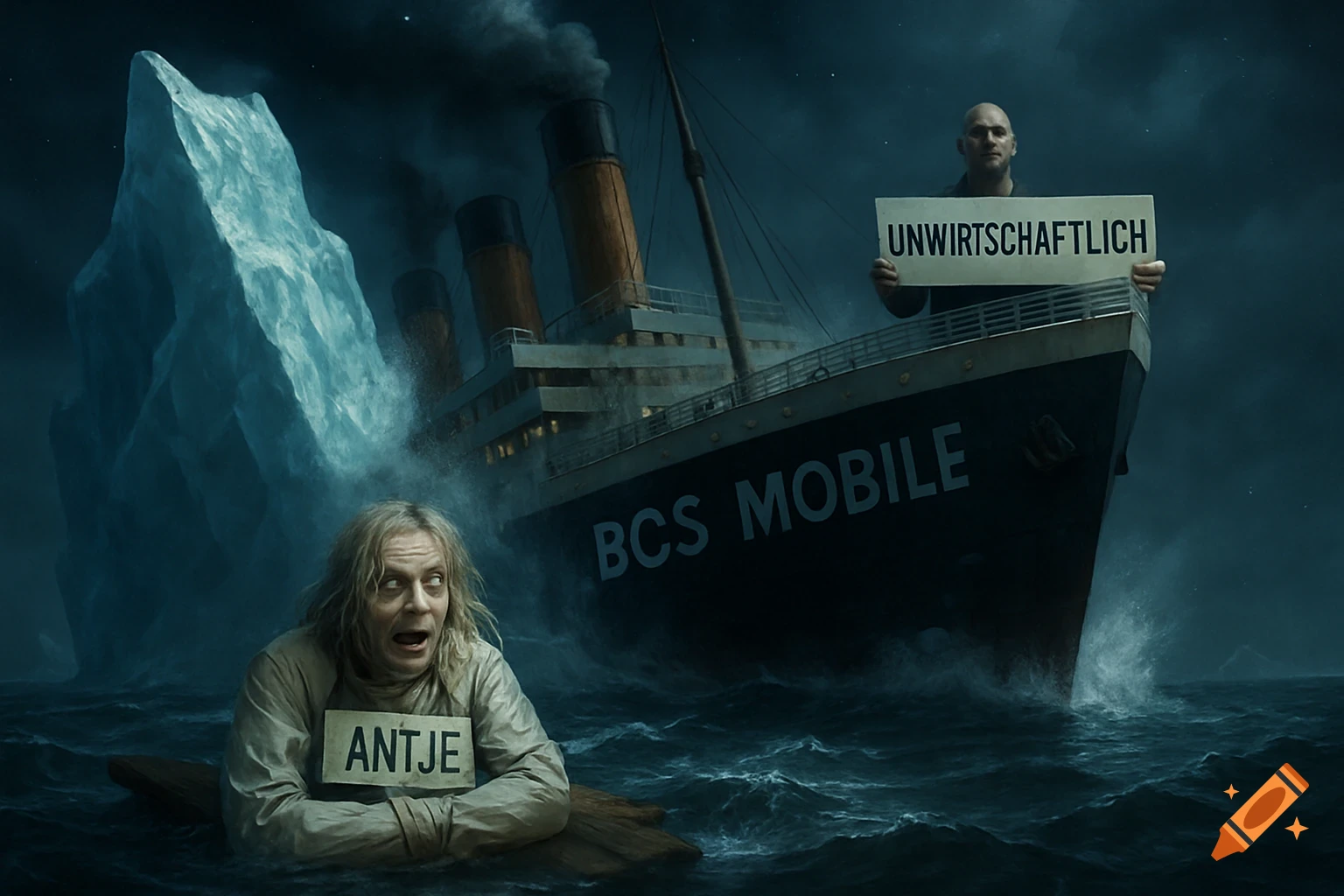 A photorealistic image of the "BCS MOBILE" ship sinking by an iceberg. A man holds an "UNWIRTSCHAFTLICH" sign, and "ANTJE" in a straitjacket is in the water.