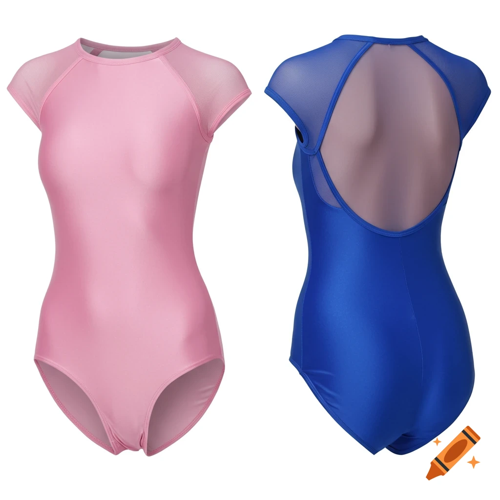 Front of a pink short-sleeve leotard and back of a blue short-sleeve leotard, both with mesh panels, on white.