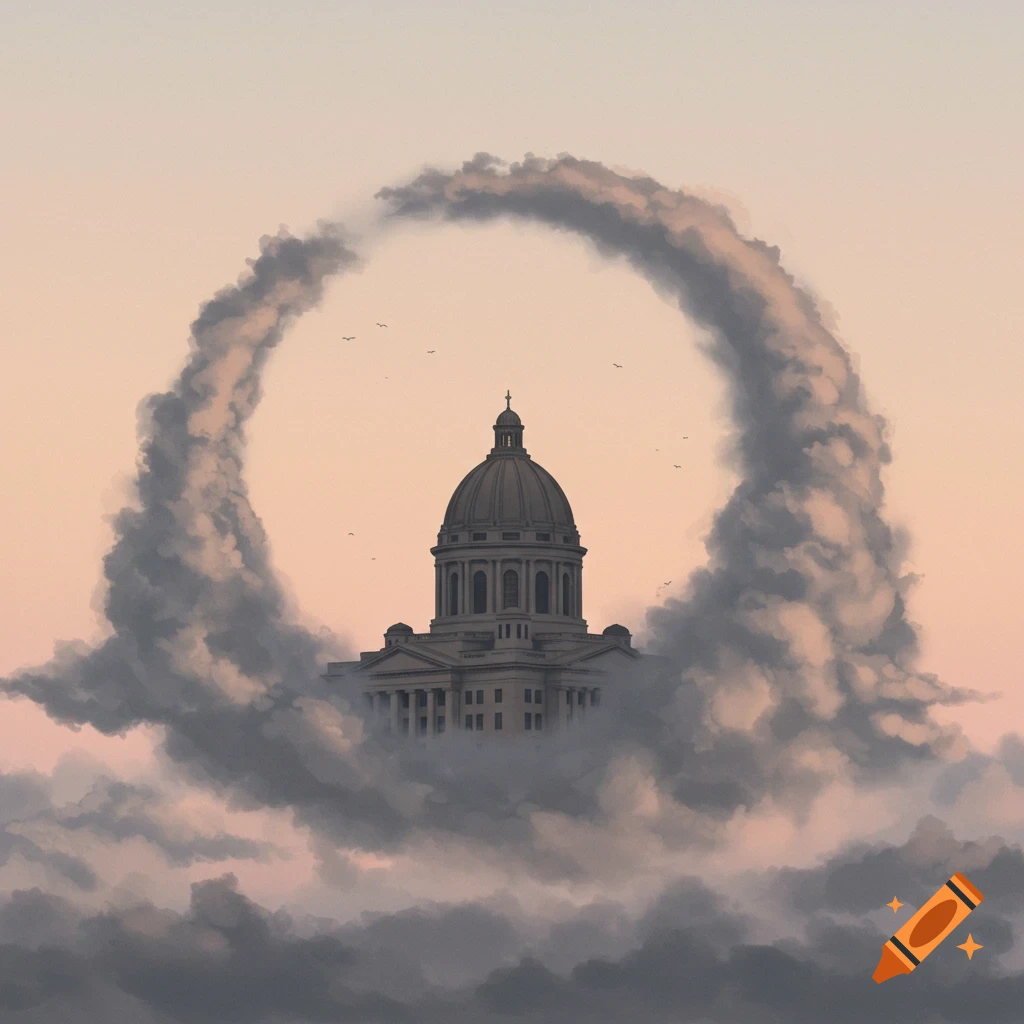 A classical capitol building with a large dome is enveloped by a thick, dark gray circular cloud, set against a peach-colored sky with small birds.