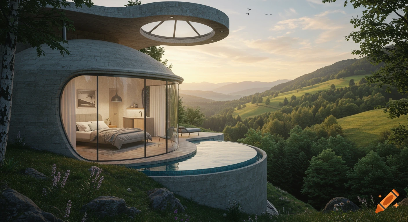 A modern, curved guesthouse with a glass facade and infinity pool overlooks a lush, forested mountain valley at sunset.