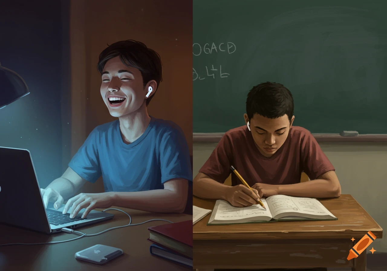 A split image shows a happy student on a laptop versus a focused student writing in a textbook in a classroom.
