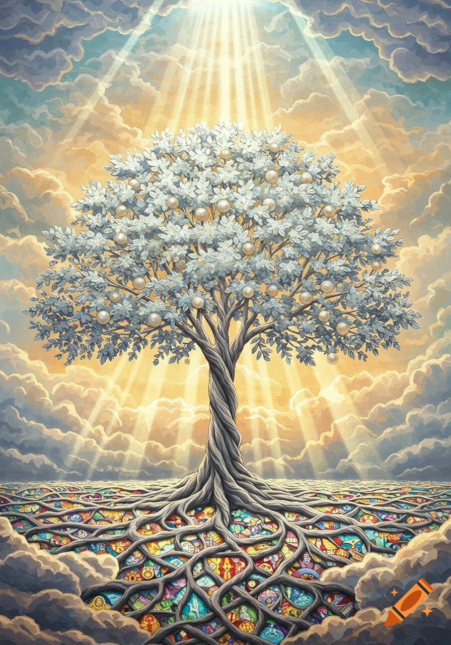 A vibrant, stylized tree of life with white leaves, pearl fruits, and a twisted trunk, its colorful roots spreading across the ground beneath a sky with golden light rays and clouds.