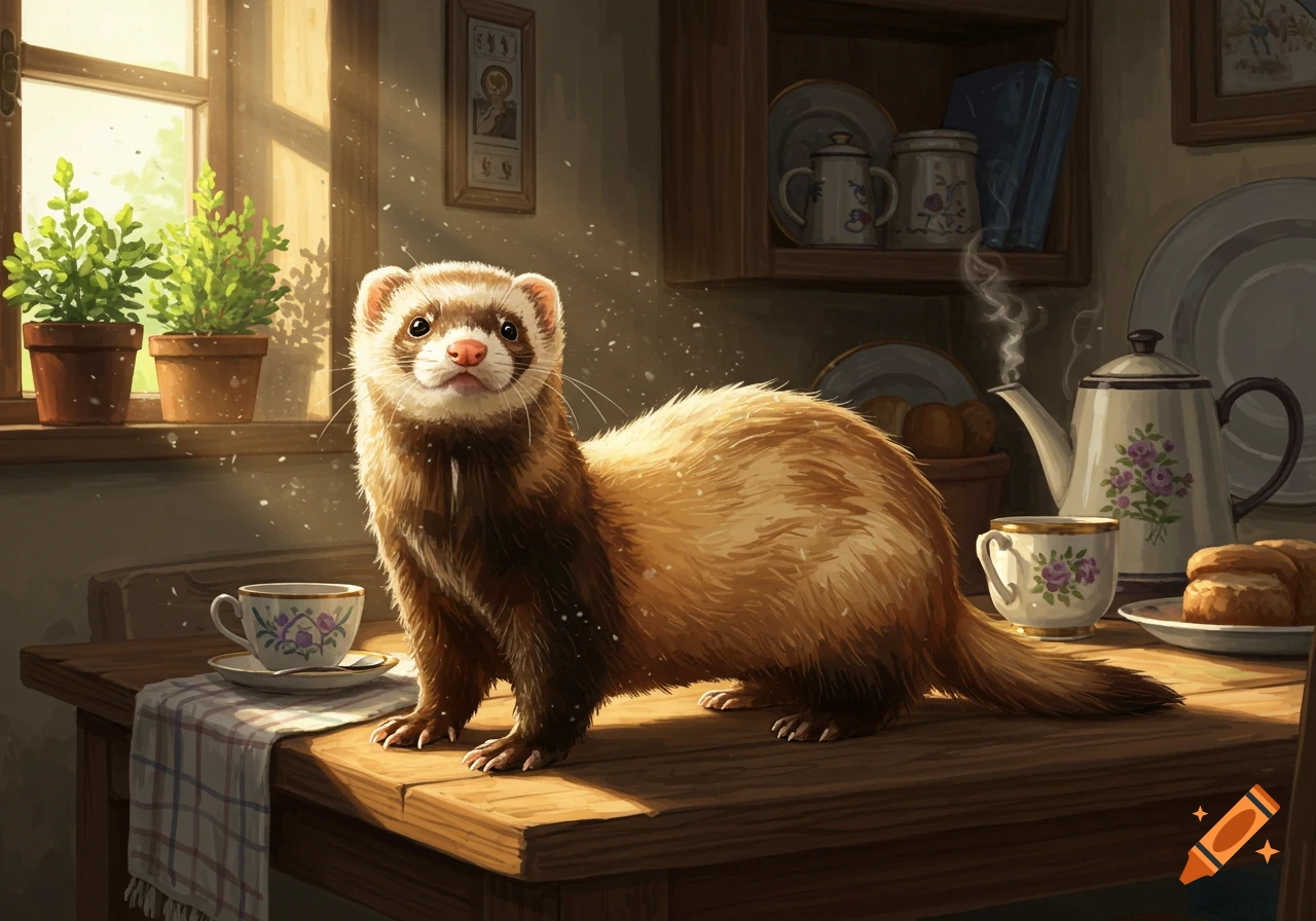 A cute brown and white ferret stands on a wooden kitchen counter in warm sunlight, surrounded by tea cups and potted plants, in an illustrative style.