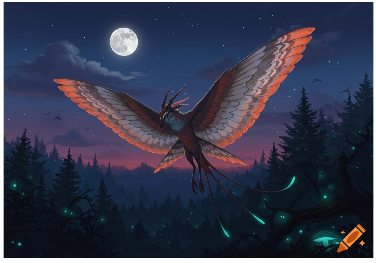 A vibrant fantasy creature with large, orange-tipped wings and glowing teal tails soars under a full moon above a dark, mystical forest.