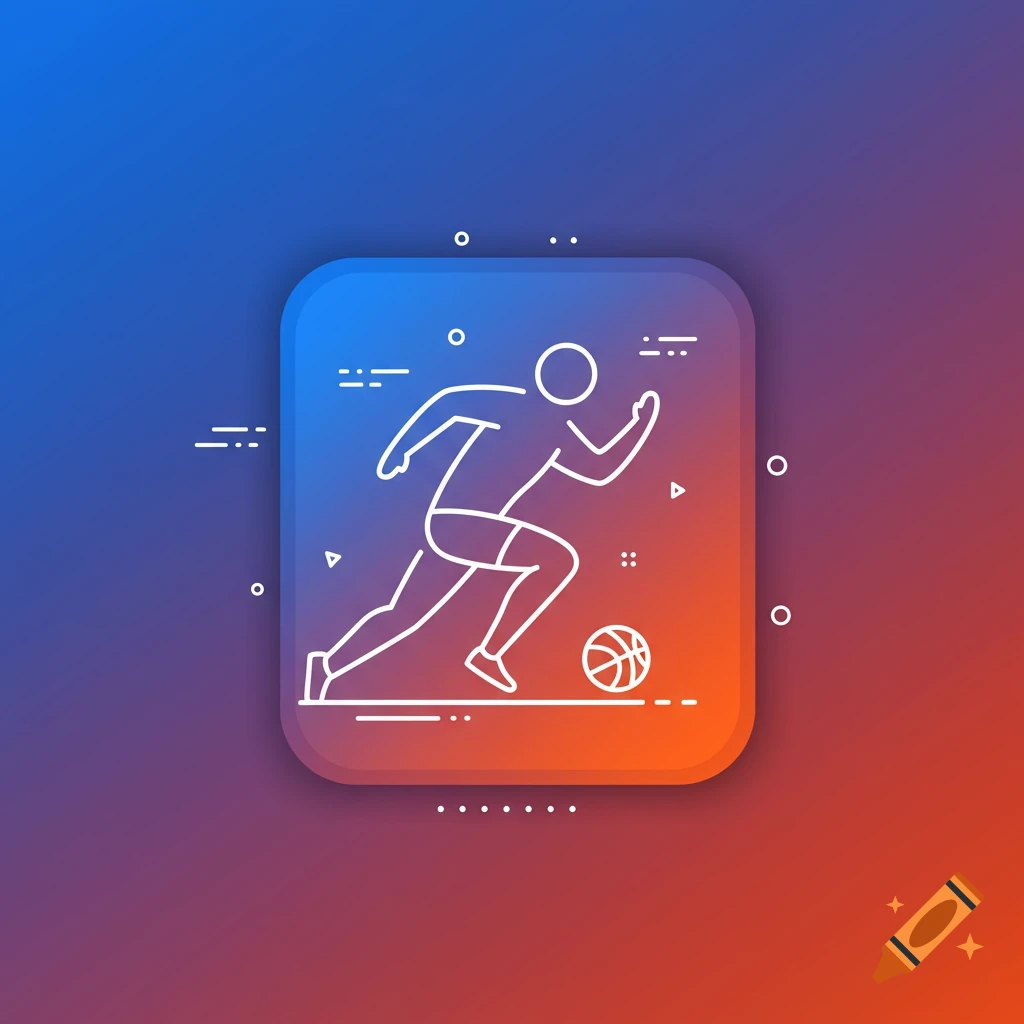 White line art icon of a running person with a basketball on a blue-orange gradient rounded square.