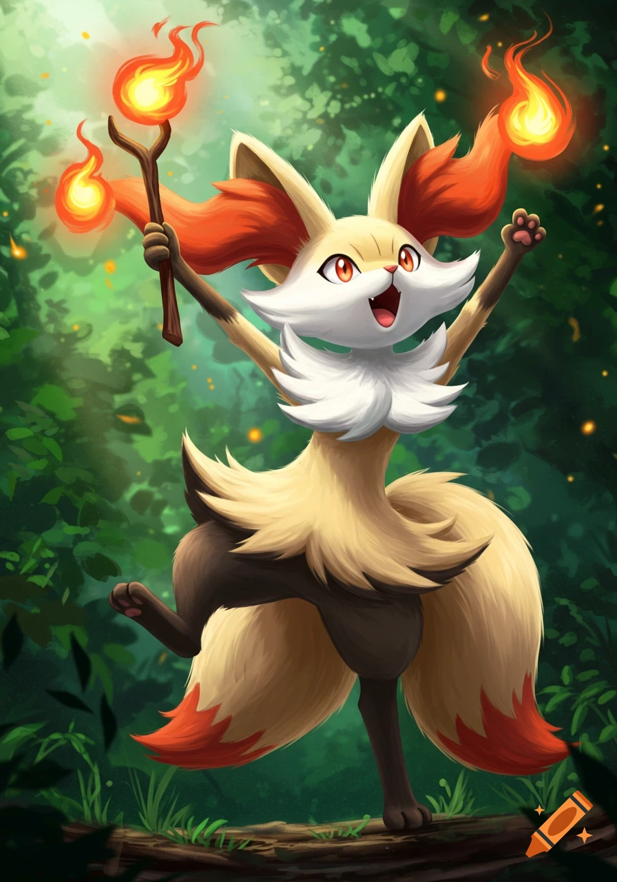 Braixen, a fox-like Pokémon, joyfully raises a flaming stick in a lush forest, depicted in a vibrant illustration style.