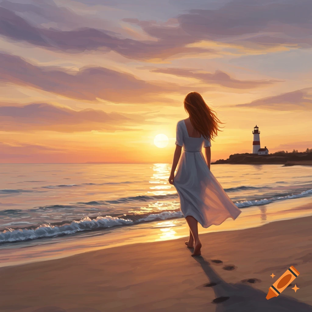 A woman in a white dress walks along a beach at sunset, with a lighthouse in the distance, in a painting style.