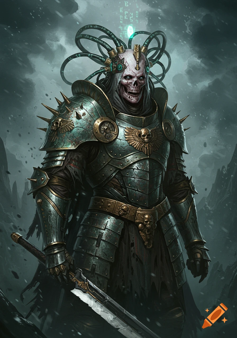 A skeletal figure in green, spiked, heavy armor with cables piercing its skull, holding a large sword, against a dark, cloudy background. Stylized digital art.