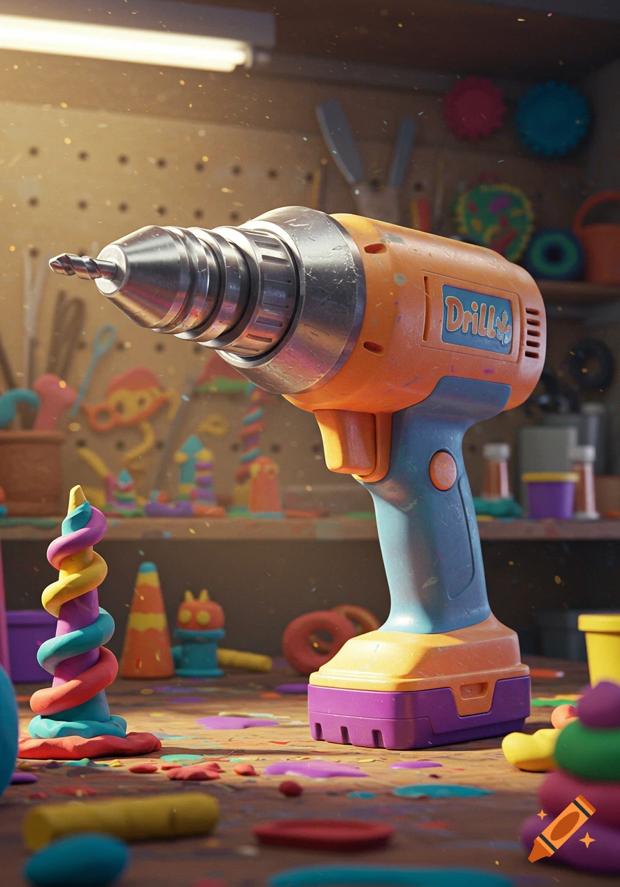 A colorful toy drill sits on a workbench scattered with vibrant play-doh creations, rendered in a playful 3D style.
