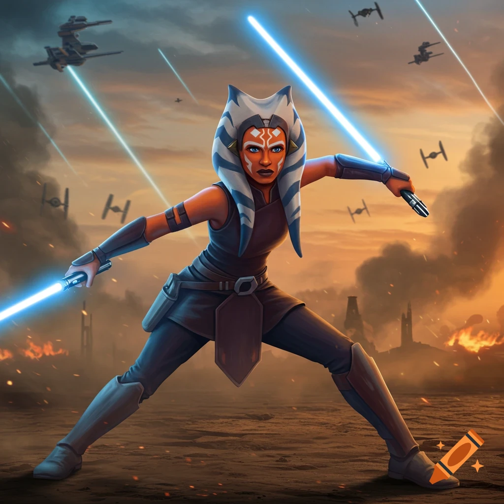 Ahsoka Tano wields two blue lightsabers on a Star Wars battlefield with TIE fighters and explosions, digital art.