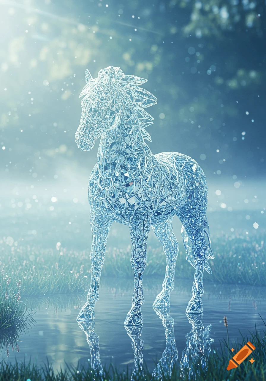 A magnificent crystal horse sculpture stands in shallow water, reflecting the light in an ethereal, misty fantasy forest with glowing particles.