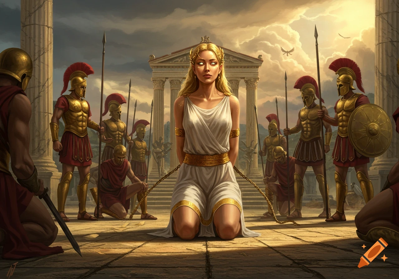A kneeling ancient Greek goddess, chained, in a stone courtyard surrounded by armored soldiers, beneath dramatic clouds.