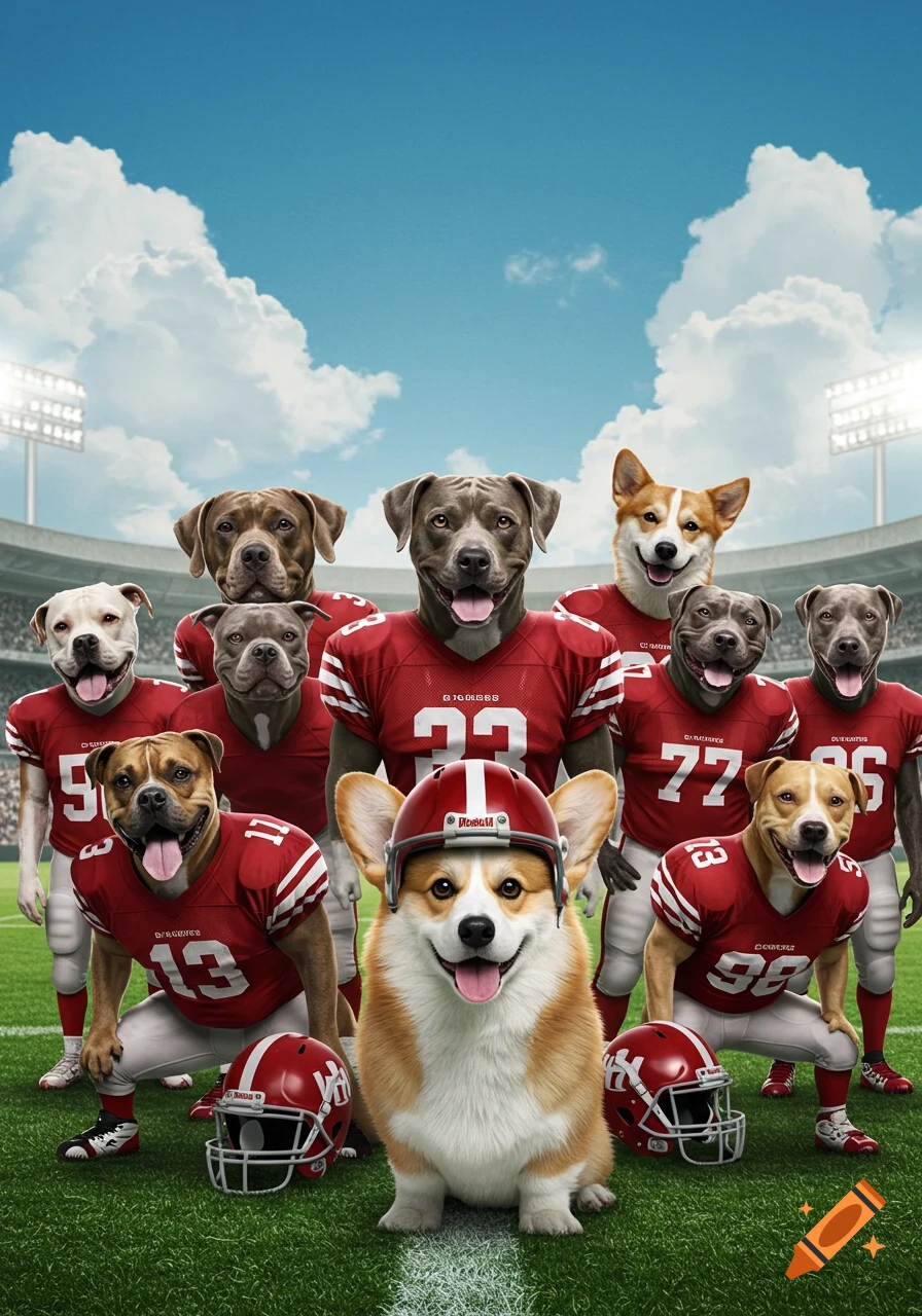 A team of dogs, including a corgi, in red football uniforms posing on a stadium field, photorealistic style.