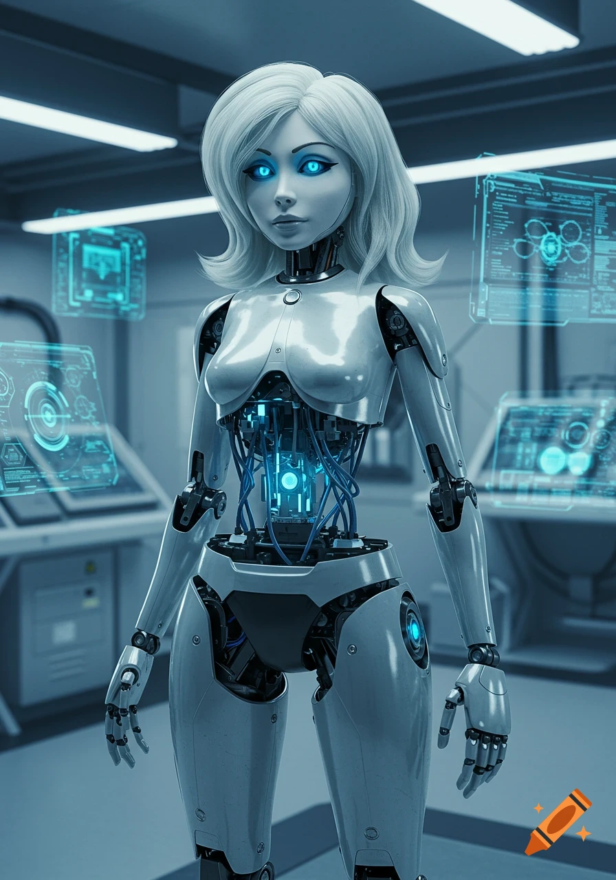 A futuristic female android with white hair and glowing blue eyes, exposed wiring in her torso, stands in a high-tech lab.