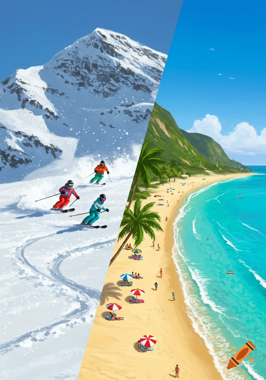 Illustration showing a split scene; on the left, three skiers descend a snowy mountain; on the right, people relax on a sunny beach with palm trees and ocean.