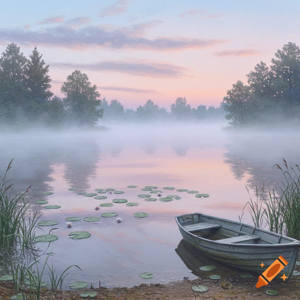 A misty lake at dawn with a small rowboat on the shore, surrounded by trees and lily pads. Soft pink and blue sky.