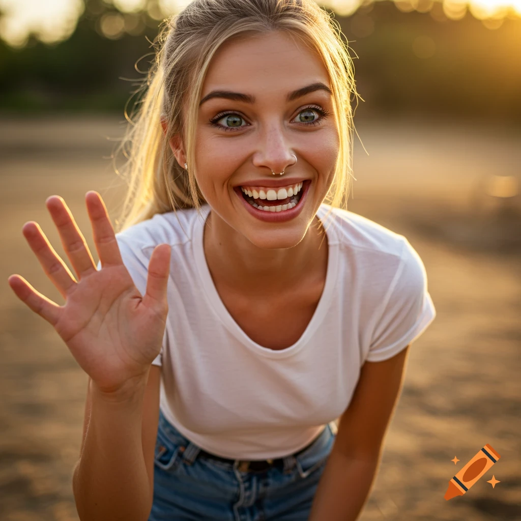 A smiling blonde woman with green eyes and a nose ring, wearing a white t-shirt and jeans, waves with an open hand at sunset.