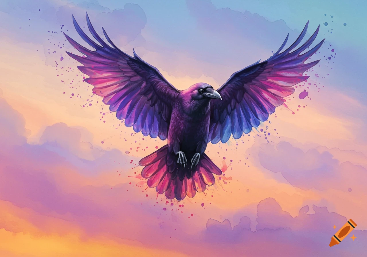 Vibrant watercolor raven with spread wings flying against a pastel sky with pink, purple, and orange clouds.