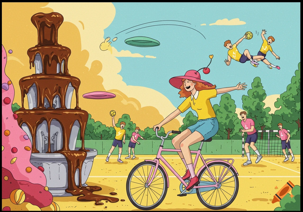 Cartoon of a woman in a red hat riding a pink bike, with a giant chocolate fountain and a handball match in the background.