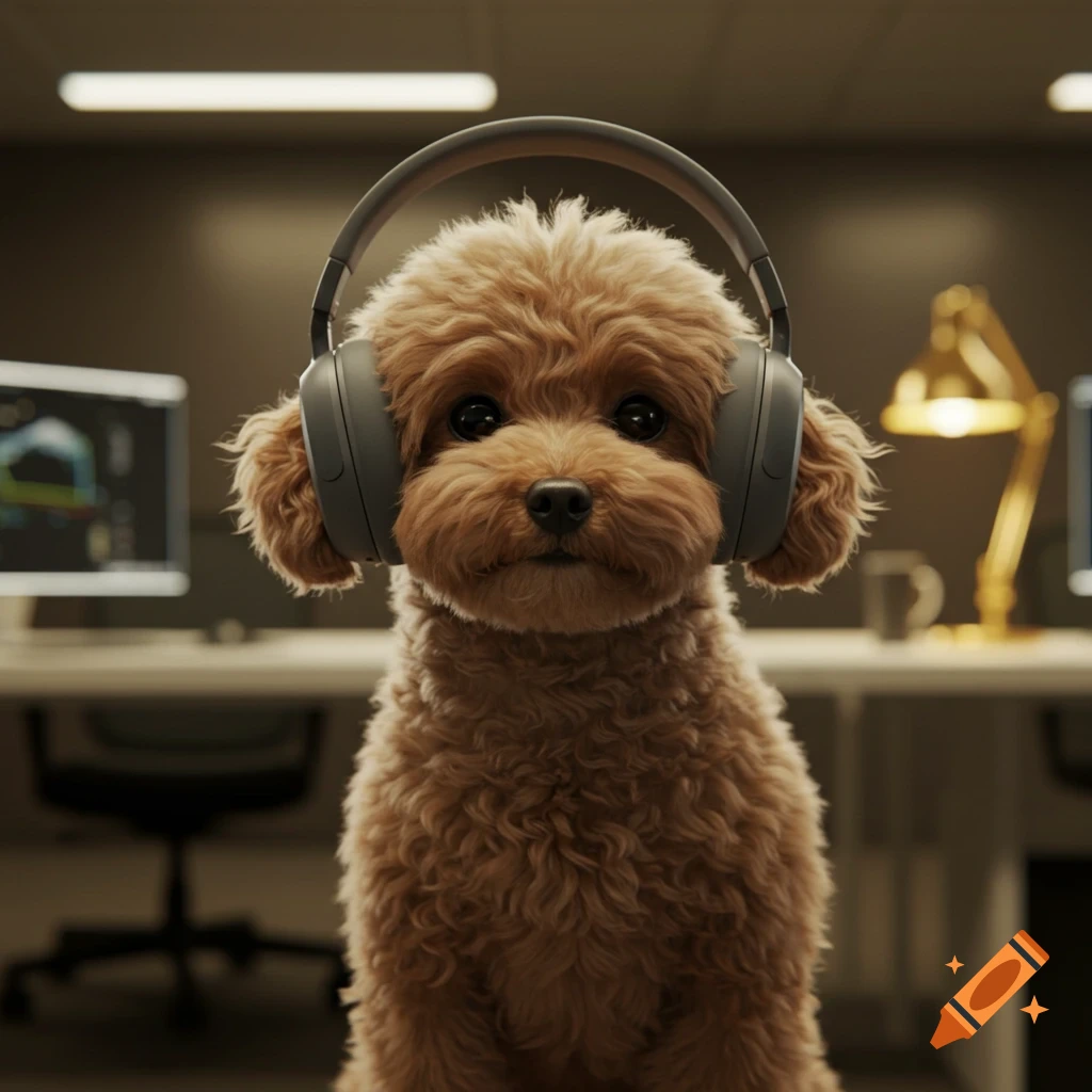 A cute light-brown curly-fur poodle-like dog wearing large dark headphones in a modern office, looking at the camera. Photorealistic.